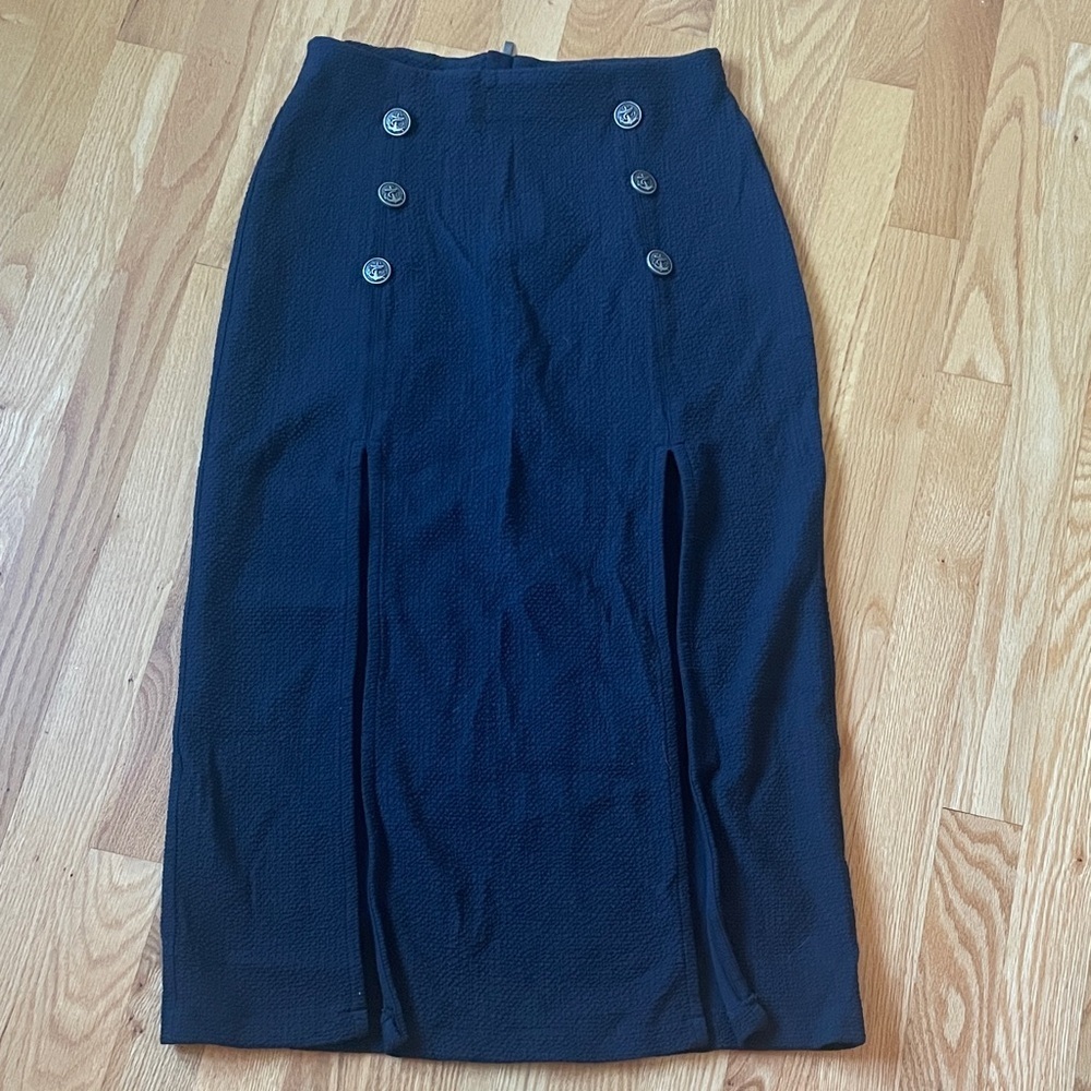 Anthropologie Black Dual Split Midi Skirt - Picture 2 of 7